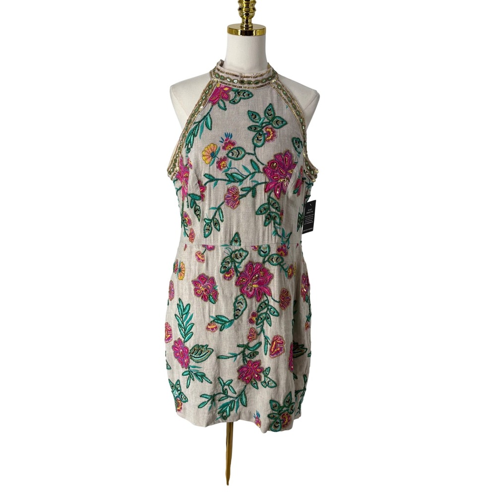 Boston Proper Beaded Floral Linen Halter Mini Dress Oatmeal Pink Size 14 NEW